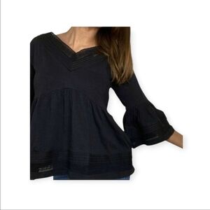 Anthropologie Bell Sleeve Babydoll Top A-Line Lace Pleated Black Size XS